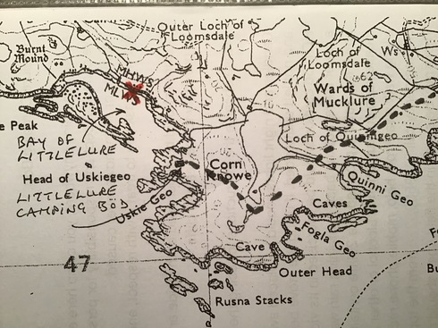 A detailed map of the specific area of Shetland with an X marking the spot where the bottle was found.